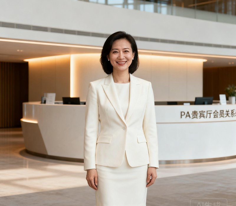 PA贵宾厅会员关系总监林女士的职业形象照，她身着米白色西装套裙，站在场馆的接待区，展现出亲切而专业的气质